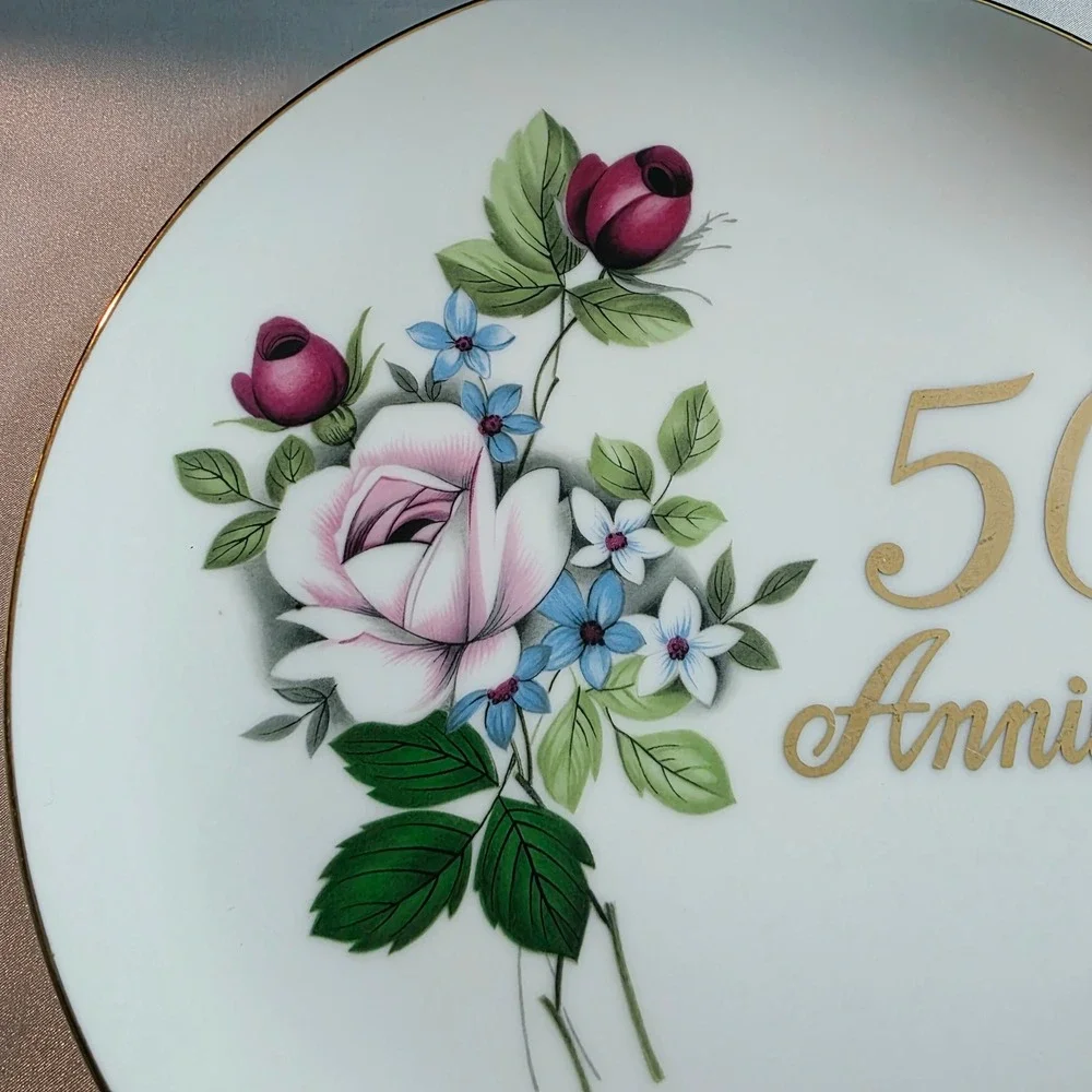 Vintage 50th Anniversary Porcelain Plate Floral Gold Trim Celebration Home Decor